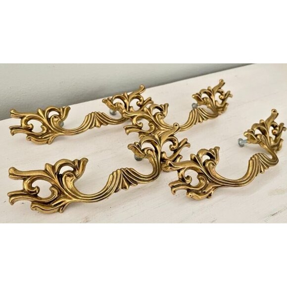 4 Classic Vintage Brass Drawer French Provincial Handles 6.25" L  2.75 Spread - Picture 2 of 7